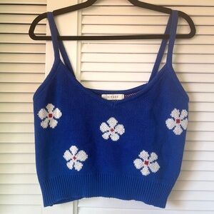 Knit Cropped Sweater Cardigan Cami Flowers Bright Blue 90s Y2K Sz Small